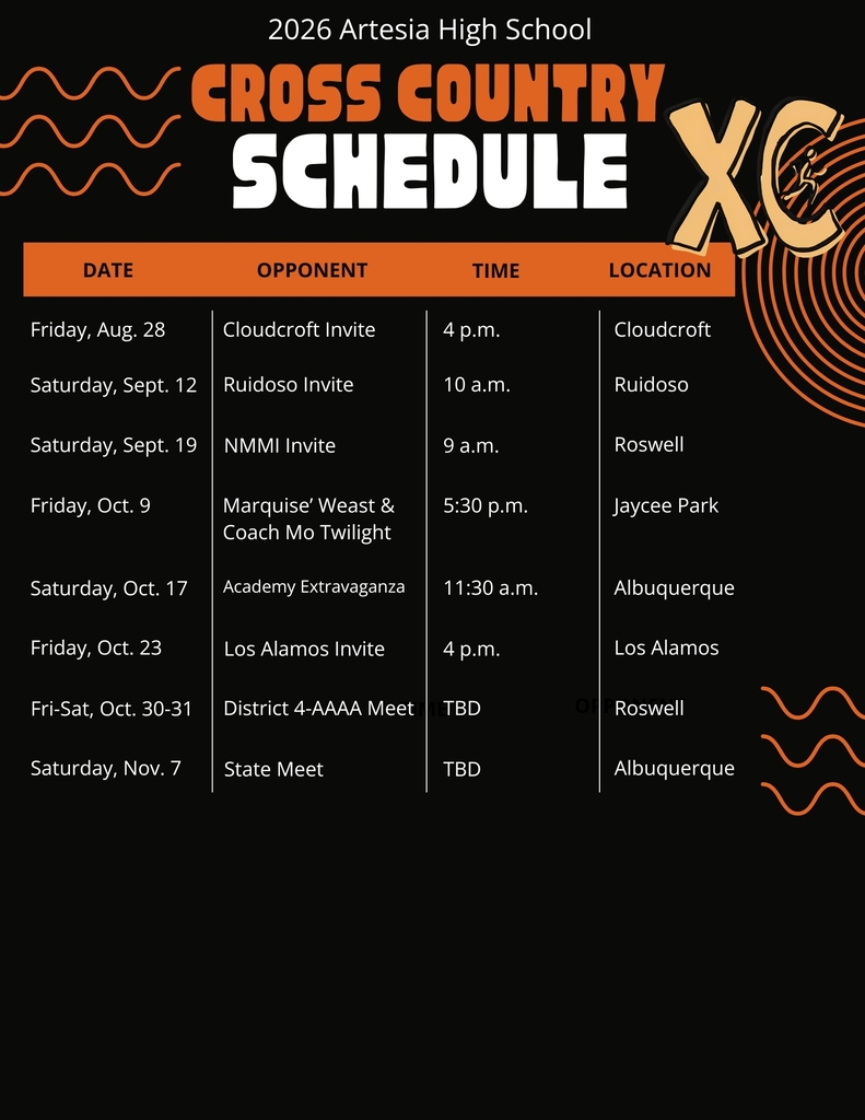 A black-and-orange graphic details the 2026 AHS cross country schedule.