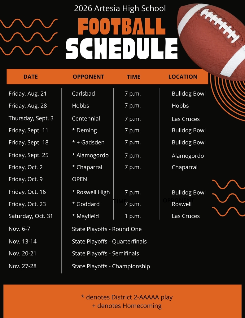 A black-and-orange graphic details the 2026 AHS varsity football schedule.