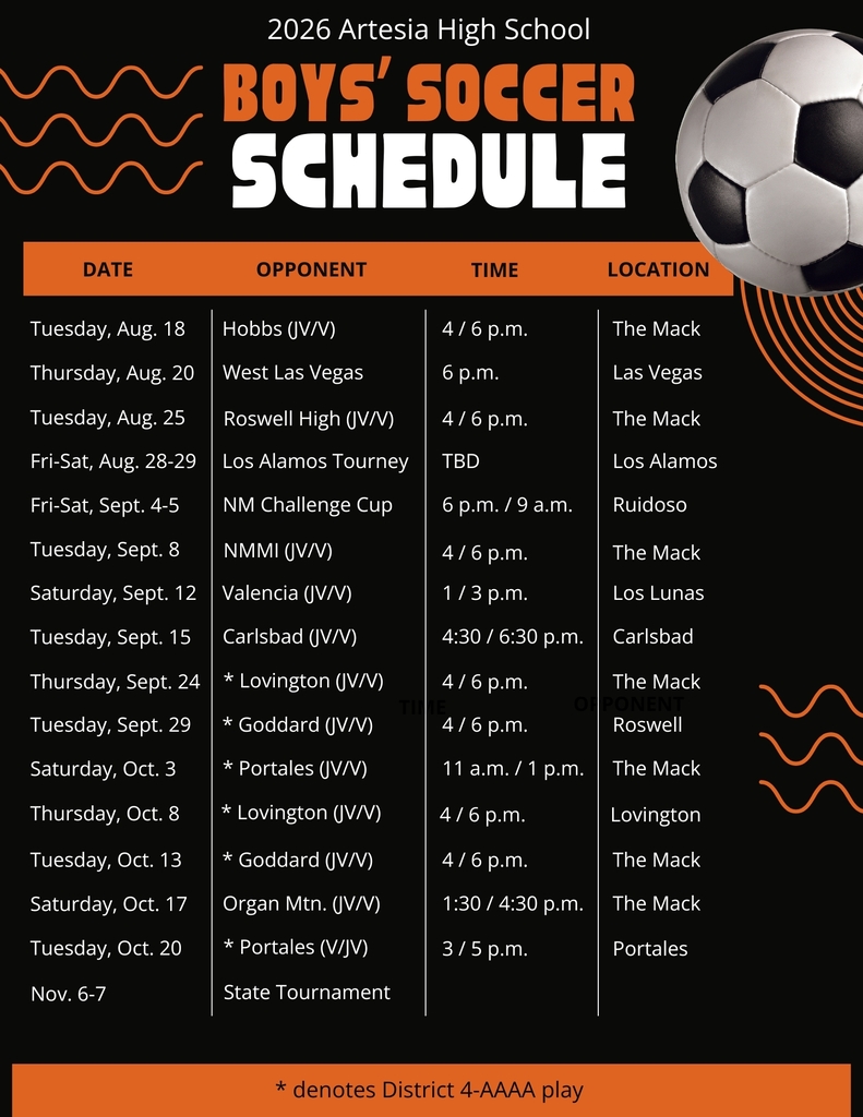 A black-and-orange graphic details the 2026 AHS boys' soccer schedule.