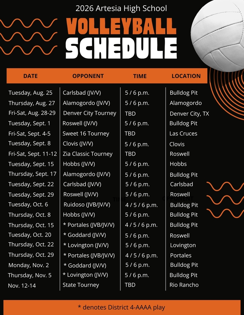 A black-and-orange graphic details the 2026 AHS volleyball schedule.