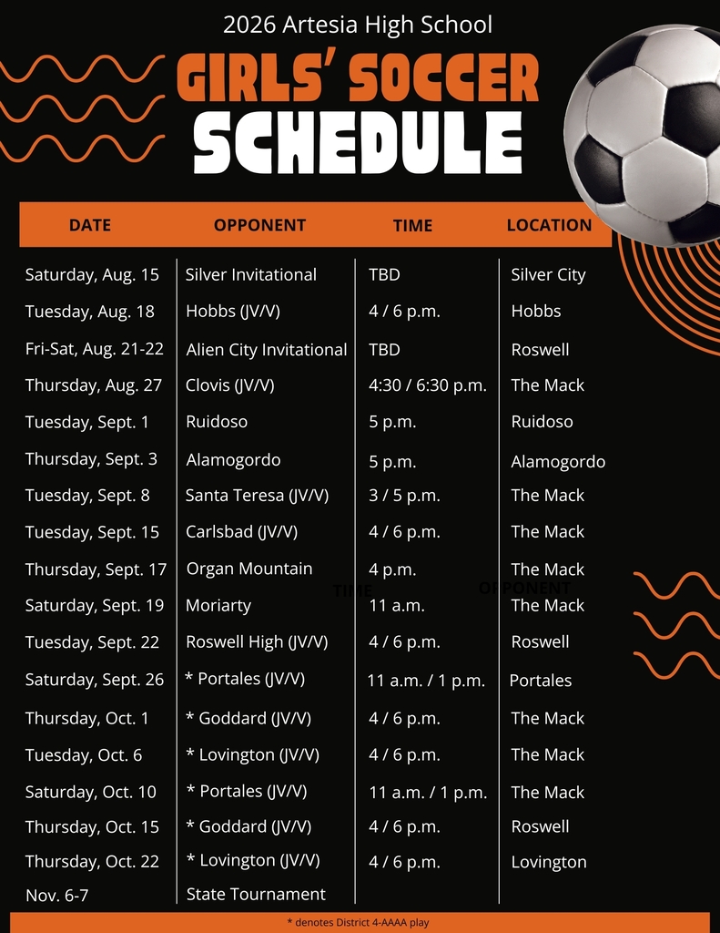 A black-and-orange graphic details the 2026 AHS girls' soccer schedule.