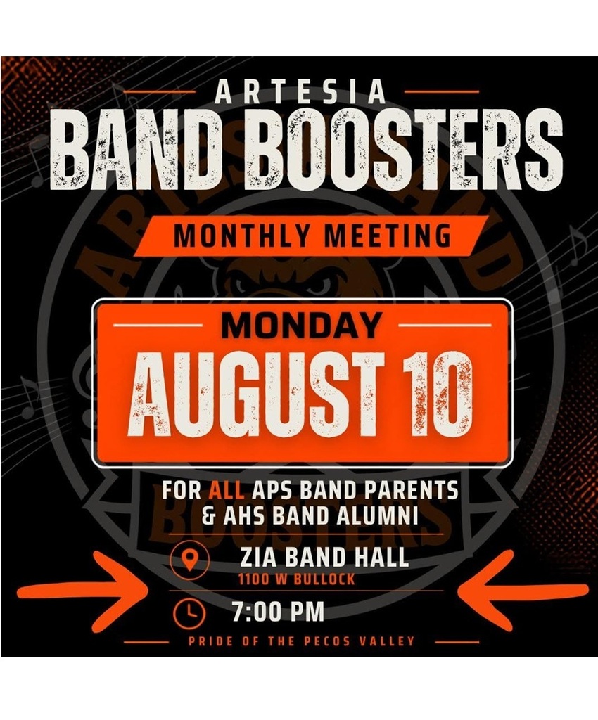 A graphic details info on a Band Boosters meeting set for Monday, Aug. 10.