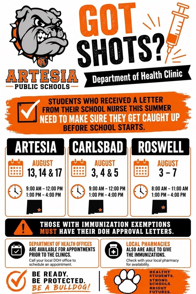 A graphic details info on an immunization clinic being conducted Aug. 13, 14 and 17 in Artesia by the N.M. Department of Health.