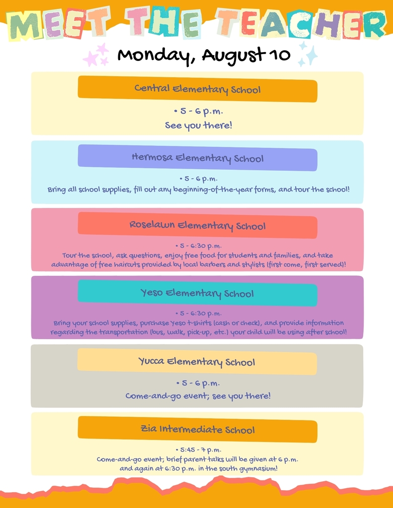 A graphic details Meet the Teacher Nights scheduled for Monday, Aug. 10, for all Artesia elementary schools and Zia Intermediate.