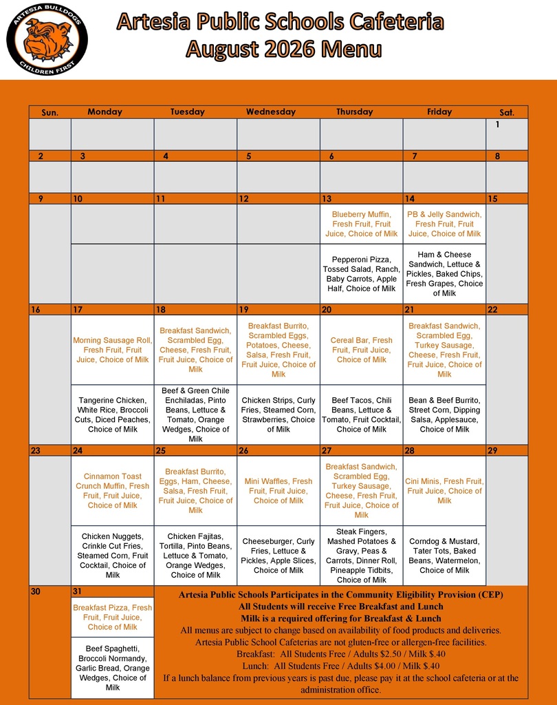 A graphic details breakfast and lunch menus for APS schools for the month of August.