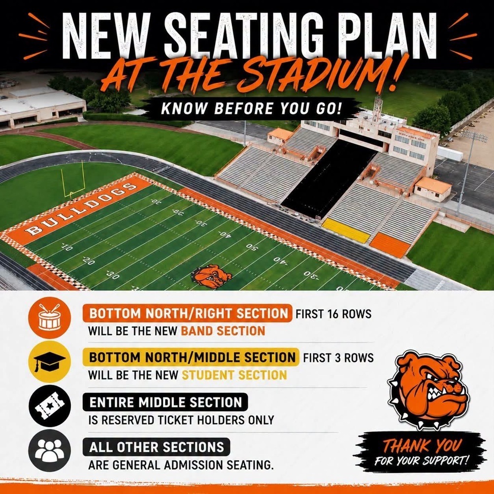 A graphic details information on band and student section location changes at Bulldog Bowl.