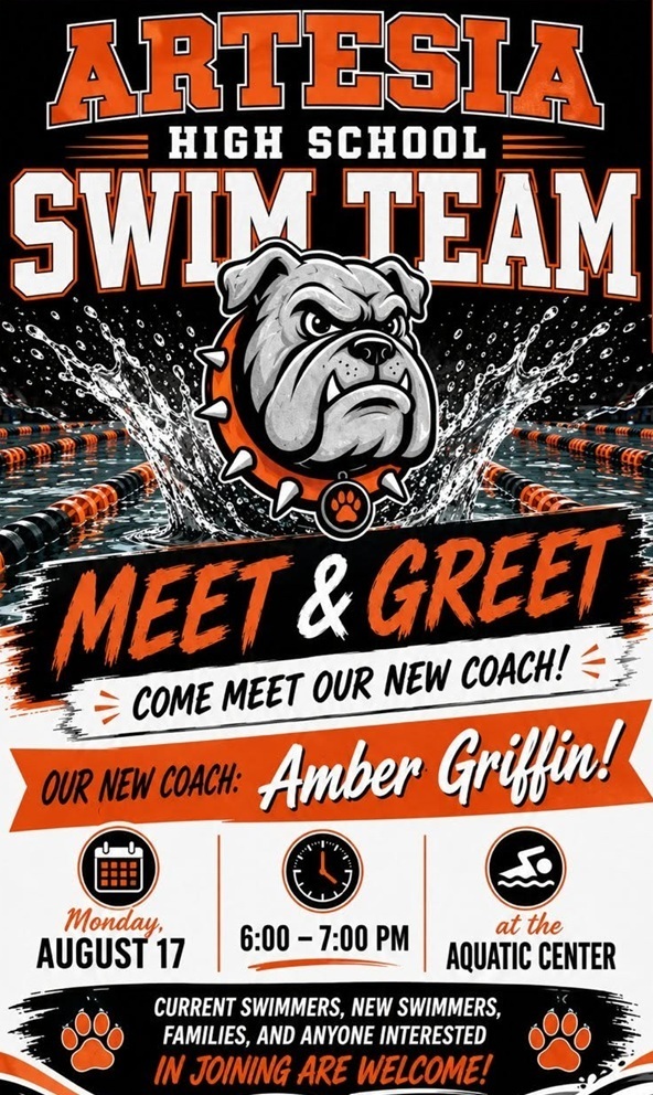 A graphic details information on a meet-and-greet for Artesia High School's new swim coach.