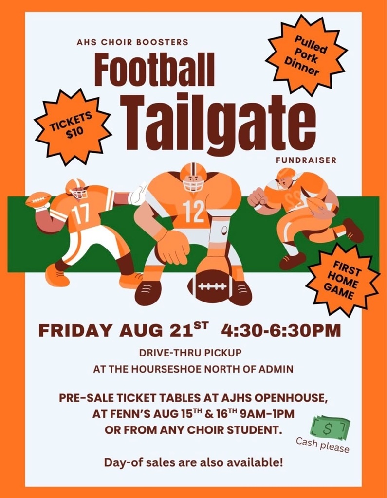 An orange-and-white graphic featuring images of football players details information on the Choir Boosters' tailgate party, set for Friday, Aug. 21.