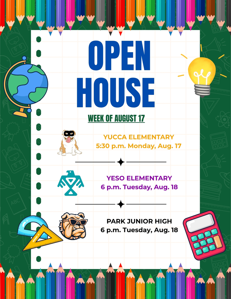 A green-and-white graphic featuring clip art of colored pencils and other school supplies details information on APS Open House events for the week of Aug. 17.