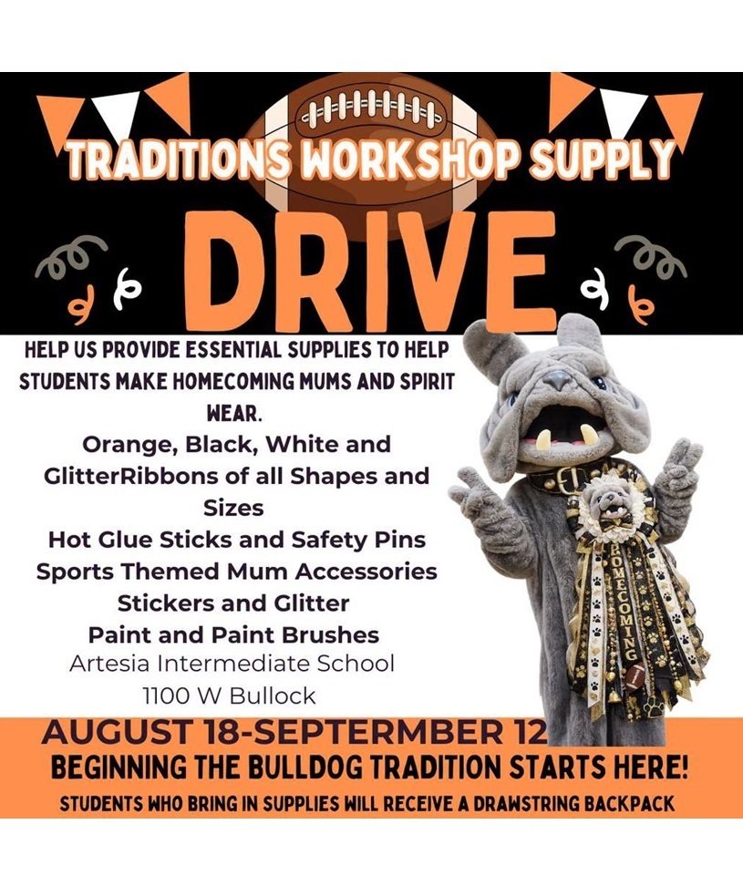 A flyer details information on the Zia Intermediate Traditions Workshop Supply Drive.