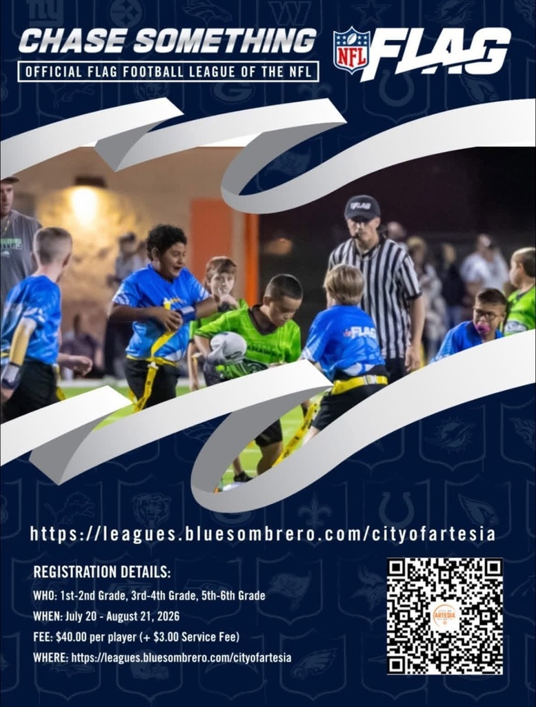 A flyer details information on registration for City of Artesia youth flag football.
