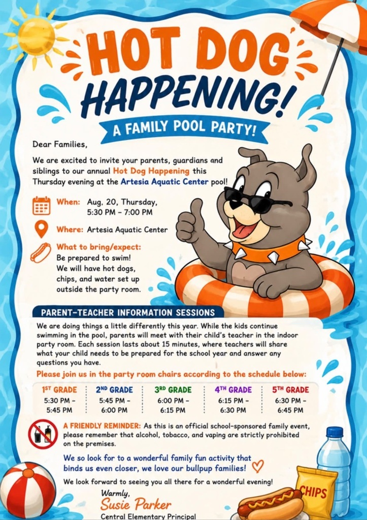 A flyer details information on Central Elementary's Thursday, Aug. 20, Hot Dog Happening.