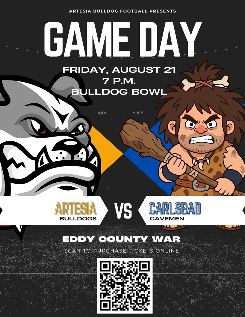 A graphic featuring a Bulldog and a Caveman includes a QR code to scan for tickets to the Friday, Aug. 21, football game at Bulldog Bowl.