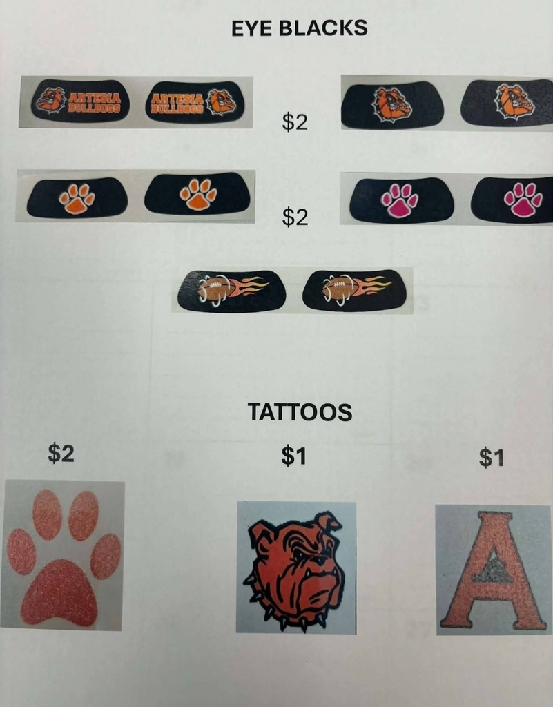 A graphic details prices for eye blacks and tattoos, sold every Friday morning at all elementary schools.