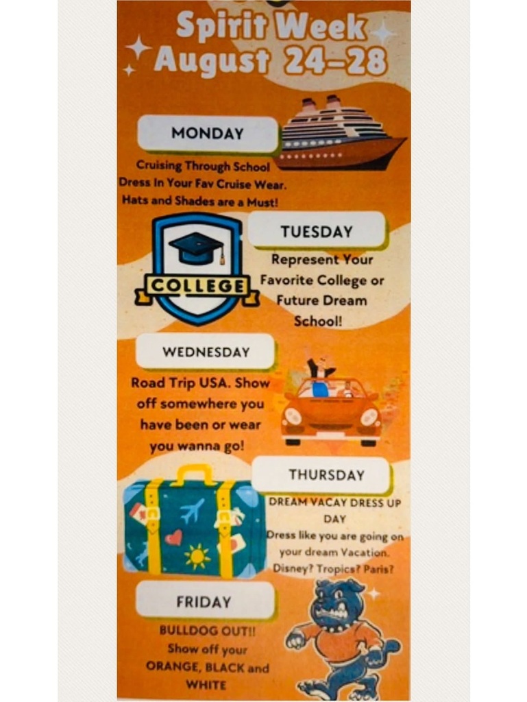 A graphic details information on Zia Intermediate Spirit Week dress-up days for Aug. 24-28.