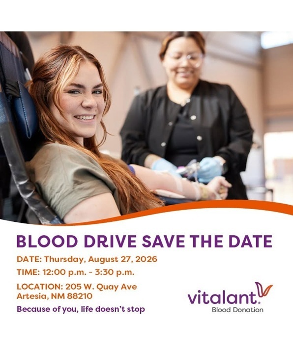 A graphic details information on a blood drive at the Artesia Public Library.