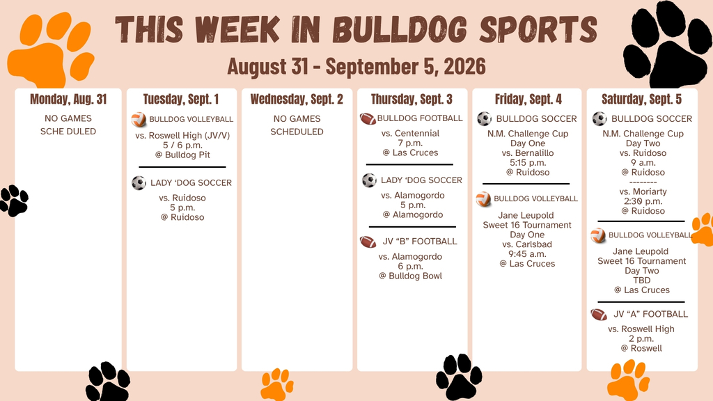 An orange and white calendar featuring orange and black paw prints details AHS sporting events for the week of Aug. 31 - Sept. 5.