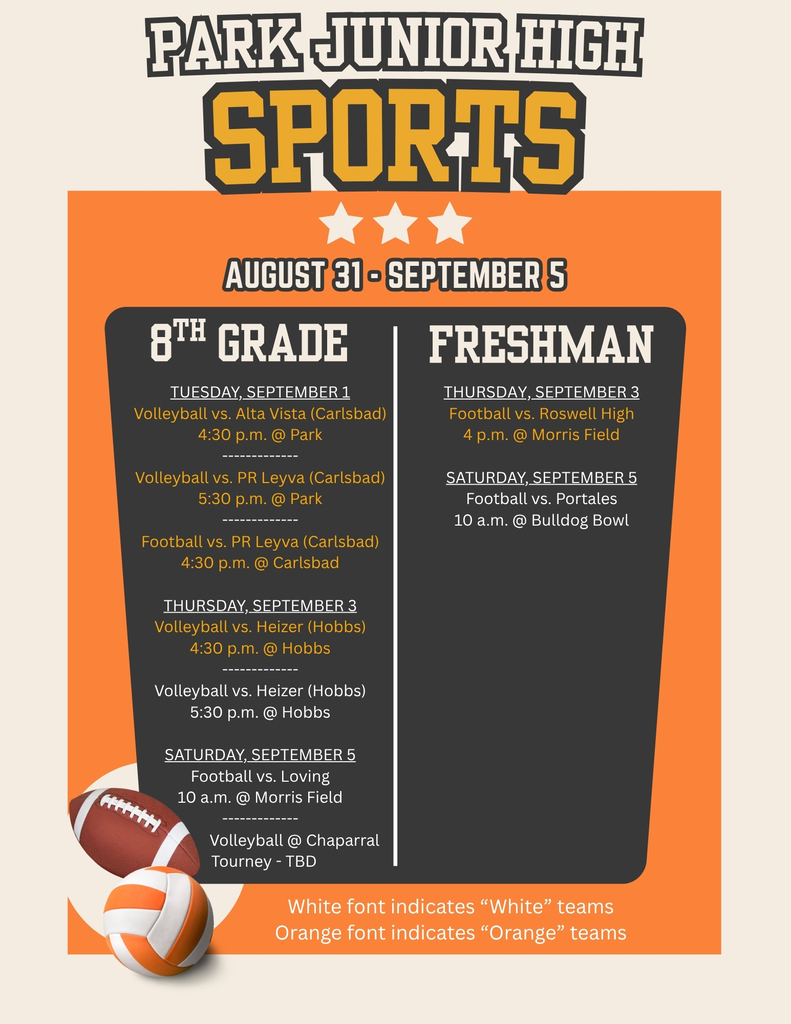 An orange and black calendar featuring a football and volleyball details Park Junior High sporting events for the week of Aug. 31 - Sept. 5. 