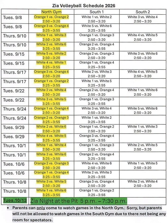 A calendar details Zia Intermediate volleyball games for the months of September and October.