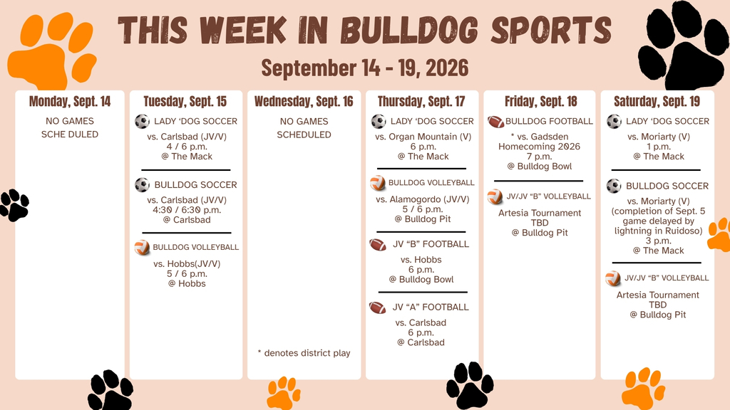 An orange and white calendar featuring orange and black paw prints details AHS sporting events for the week of Sept. 14-19.