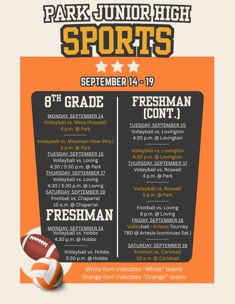 An orange, black and creme graphic featuring a football and volleyball details Park Junior High sporting events for the week of Sept. 14-19.