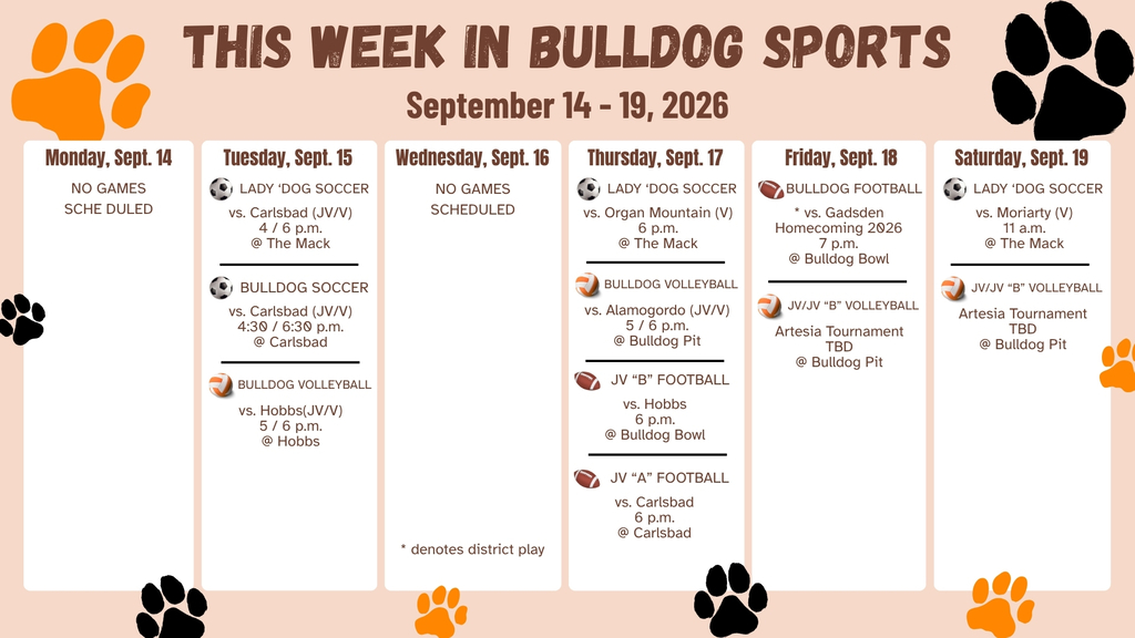 An orange and white calendar featuring orange and black paw prints details AHS sporting events for the week of Sept. 14-19.