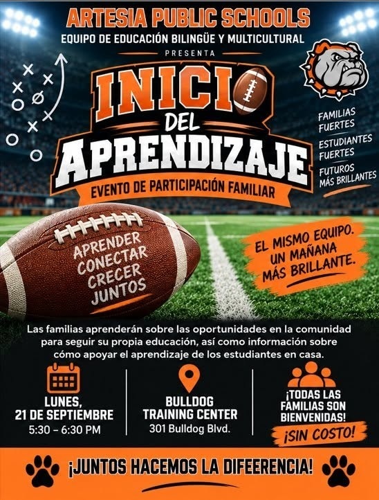 A graphic details information on an upcoming APS Bilingual Multicultural Education Team event in Spanish.