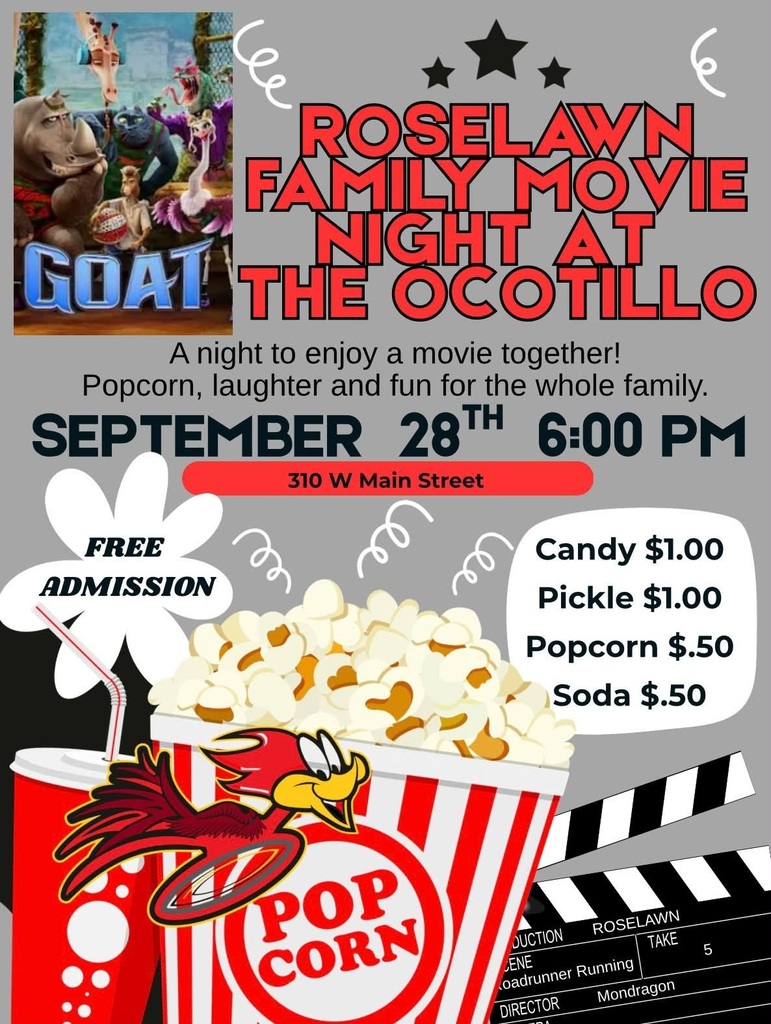 A graphic details information on an upcoming Family Movie Night, hosted by Roselawn Elementary.