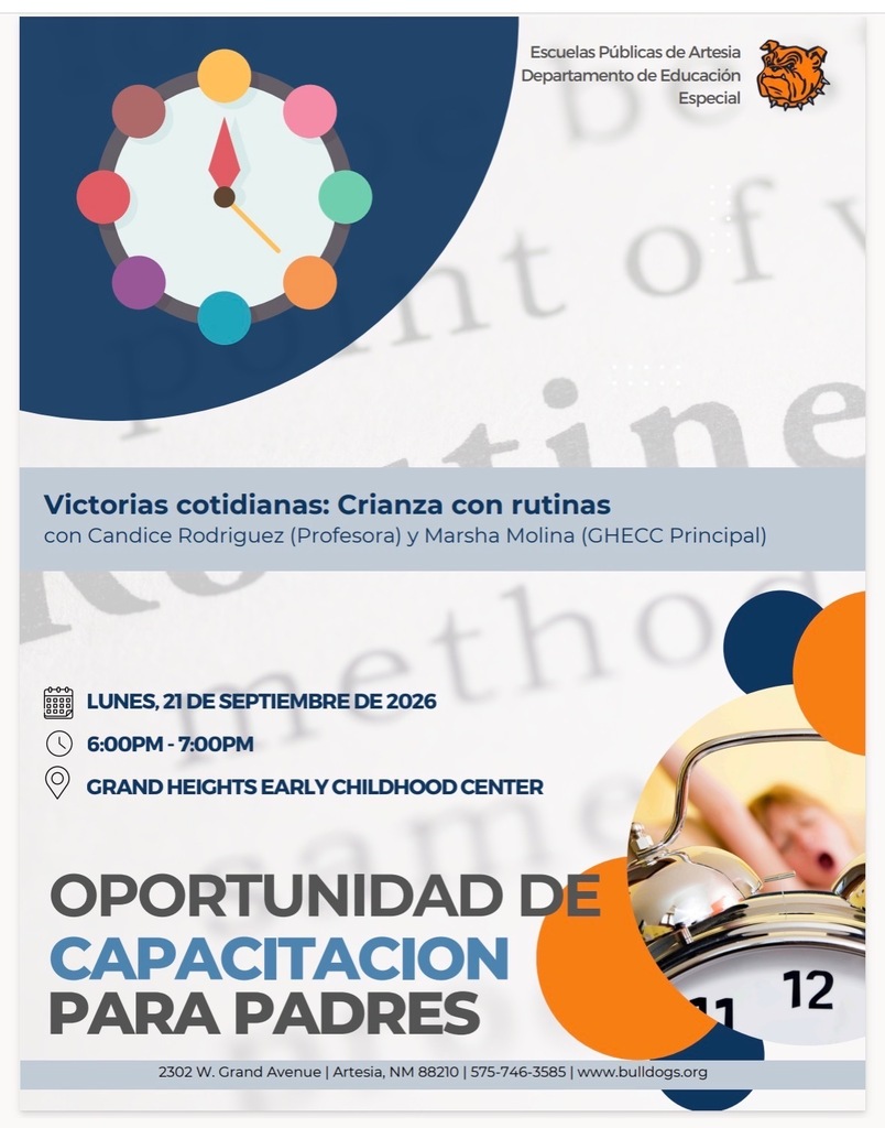 A graphic details information on an upcoming parent training workshop on "Parenting with Routines" in Spanish.