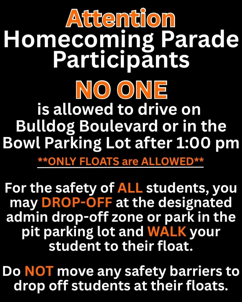 A graphic details information on drop-off procedures for the AHS Homecoming Parade.