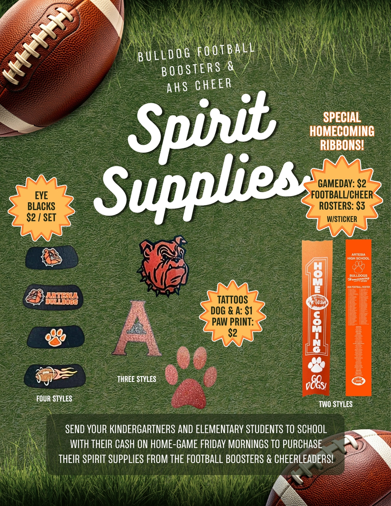 A graphic details information on purchasing Homecoming spirit supplies at elementary schools and kindergarten.