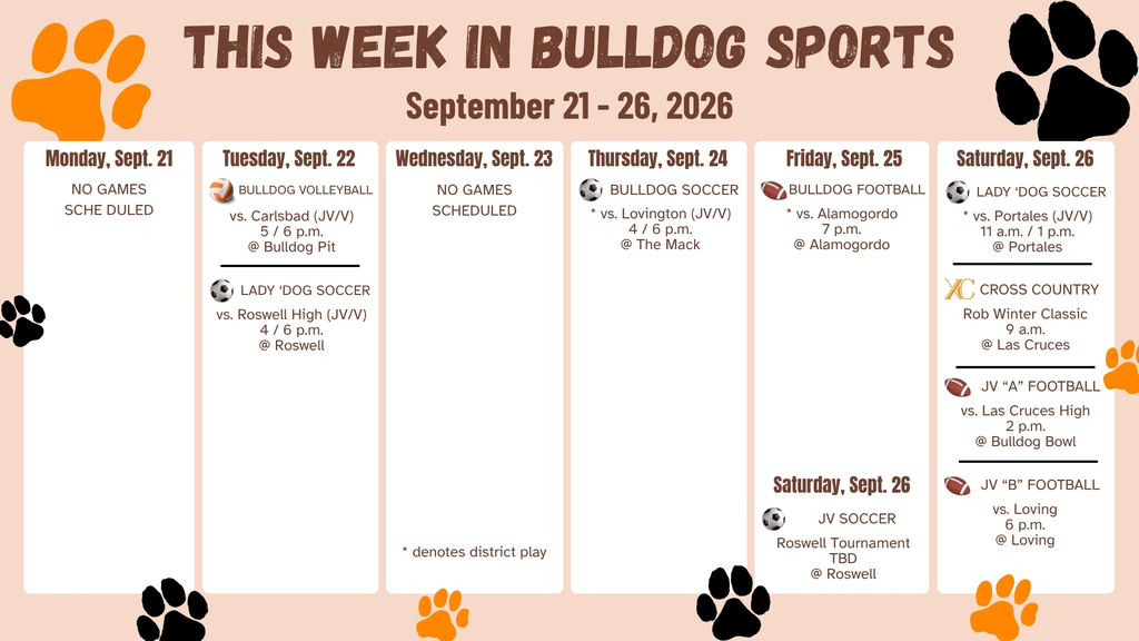 An orange and white calendar featuring orange and black paw prints details AHS sporting events for the week of Sept. 21-26.