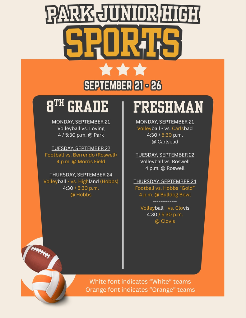 An orange and black calendar featuring a football and volleyball details Park Junior High sporting events for the week of Sept. 21-26.