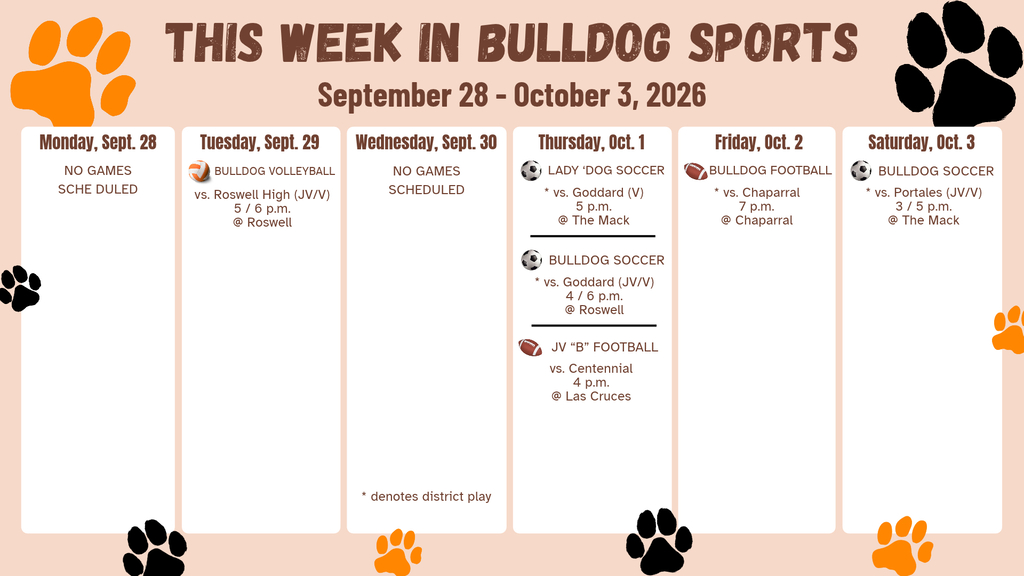 An orange and white graphic featuring orange and black paw prints details AHS sporting events for the week of Sept. 29 - Oct. 3.