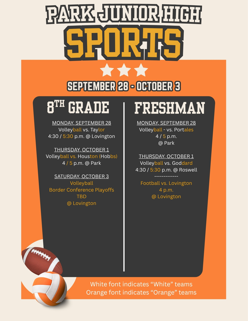 An orange, black and creme graphic featuring a football and volleyball details Park Junior High sporting events for the week of Sept. 29 - Oct. 3.
