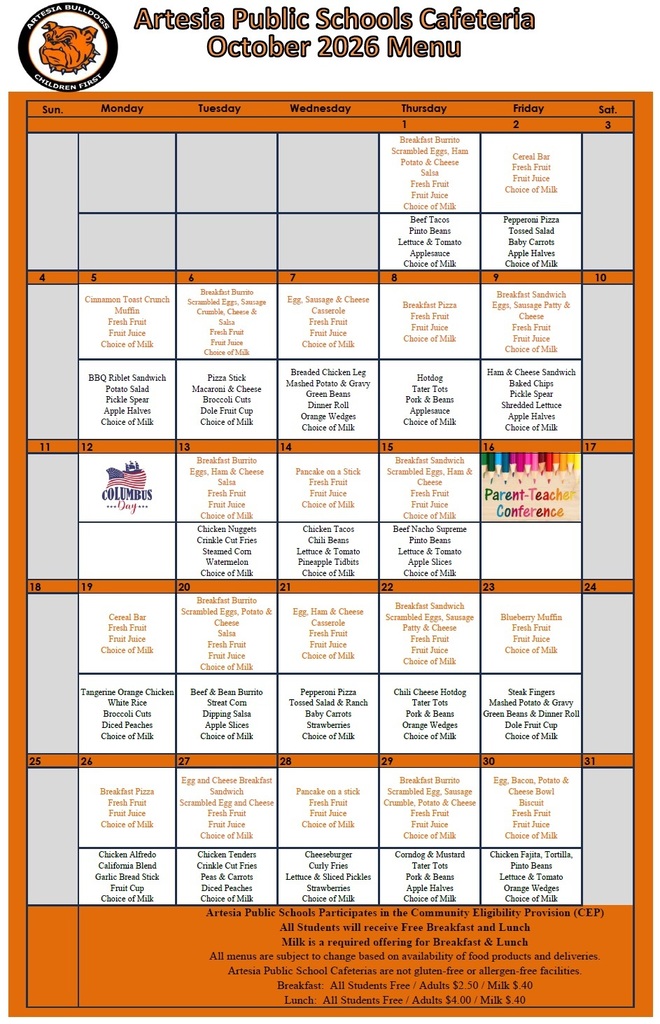 An orange and white graphic details breakfast and lunch menus for APS schools for the month of October.