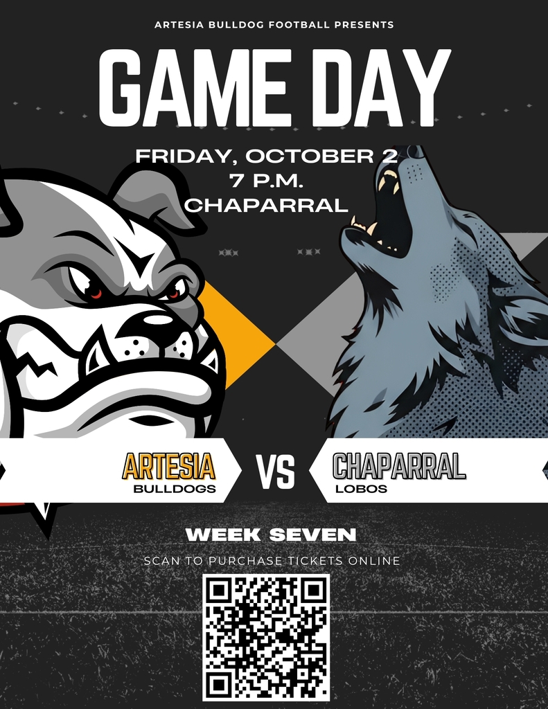 A graphic featuring a Bulldog and a Lobo details game information and offers a QR code for ticket purchasing for Artesia's game against Chaparral.