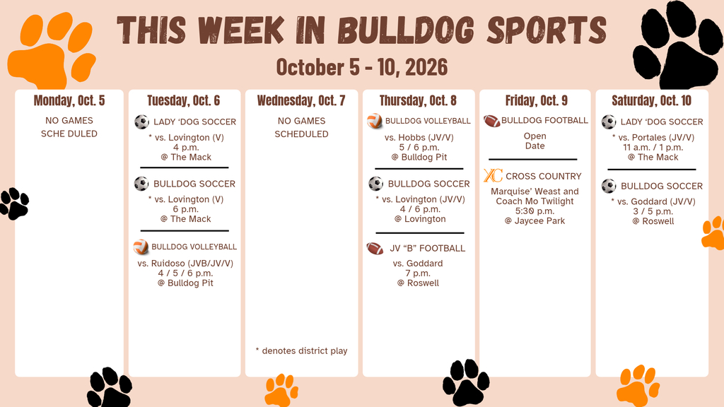 An orange and white calendar featuring orange and black paw prints details AHS sporting events for the week of Oct. 5-10.