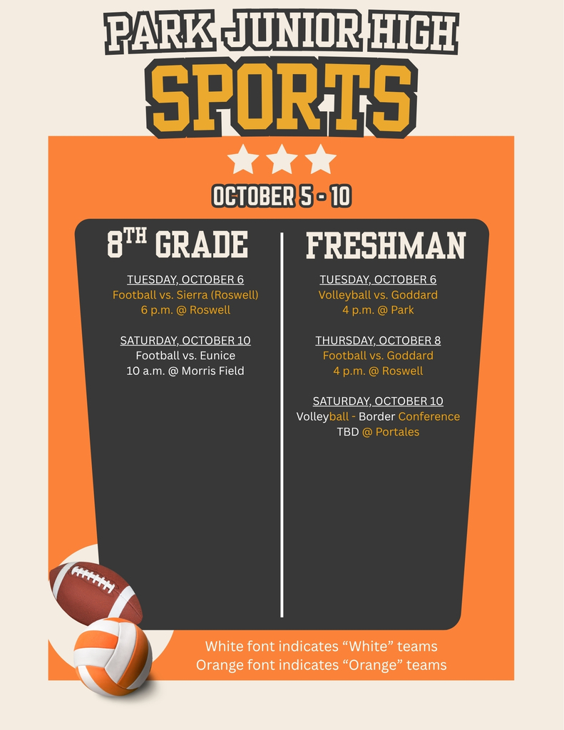 An orange, black and creme graphic featuring a football and volleyball details Park Junior High sporting events for the week of Oct. 5-10.