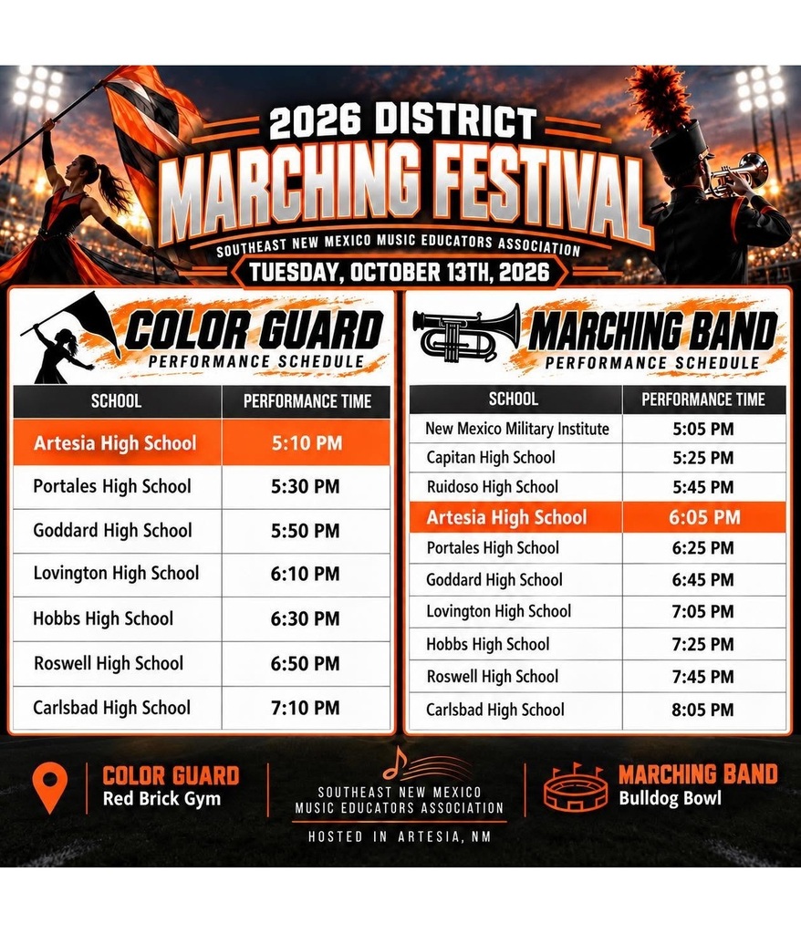 A graphic details information on the SENMMEA District Marching Festival.