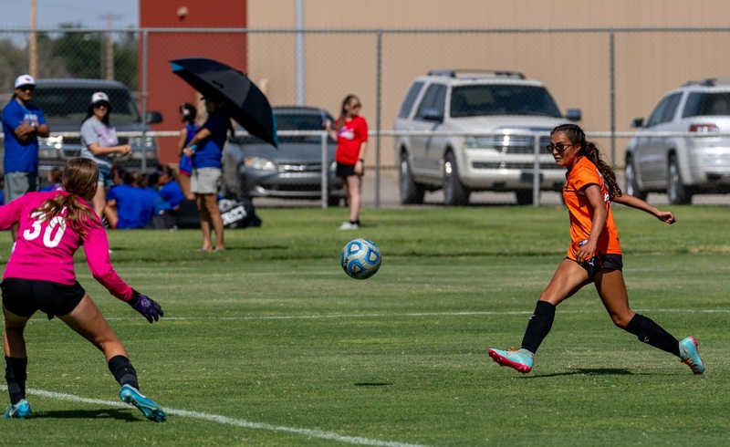 A teen girl in an orange soccer uniform takes a shot as a goalie in pink and black moves to block it.