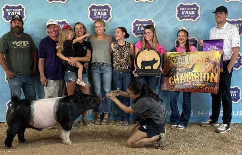 A teen girl stands behind a black-and-white pig with several people standing alongside her.