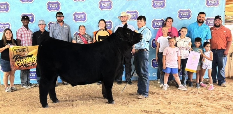 A teen boy stands beside a large black steer. Several people stand behind him, three of whom are holding banners.