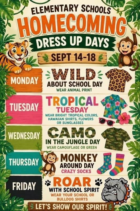 A flyer details Homecoming Dress-Up Days for all elementary schools and Grand Heights.