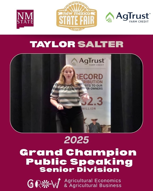 A graphic shows a teen girl in the middle of a speech and denotes her as the 2025 Grand Champion in Public Speaking in the senior division.