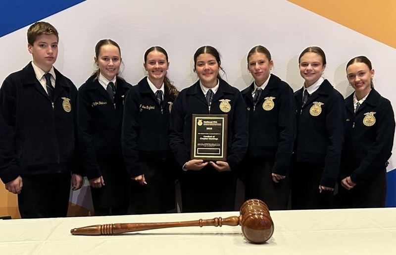 One male teen and six female teens in FFA jackets stand in a row, with the center teen holding a plaque.