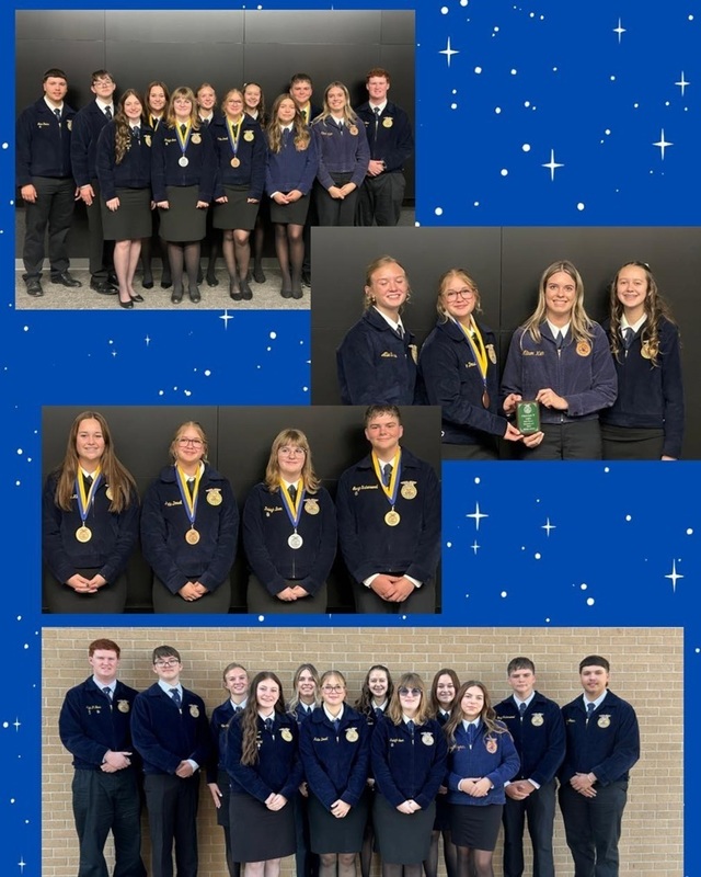 Male and female teens in FFA jackets stand and pose for four different photos arranged in a collage.