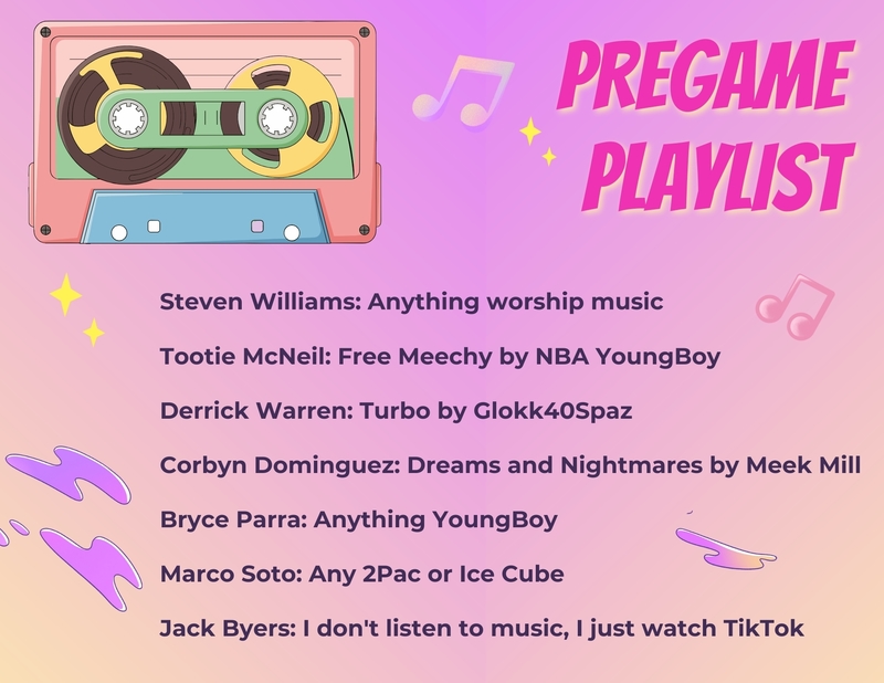 A graphic features a cassette tape and the seven players' answers to what is on their pregame playlist.