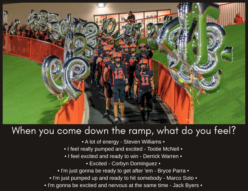 A graphic features a photo of the Artesia football team coming down the ramp at Bulldog Bowl and the seven players' answers to what they feel when they come down the ramp prior to a game.