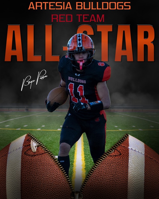 A graphic features a photo of a teen boy in a black and orange football uniform bursting out of a football and reads All-Star: Bryce Parra.